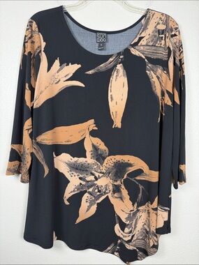Clara Sun Woo Tunic Top 1X Black Neutral Floral Asymmetric Art To Wear Made USA